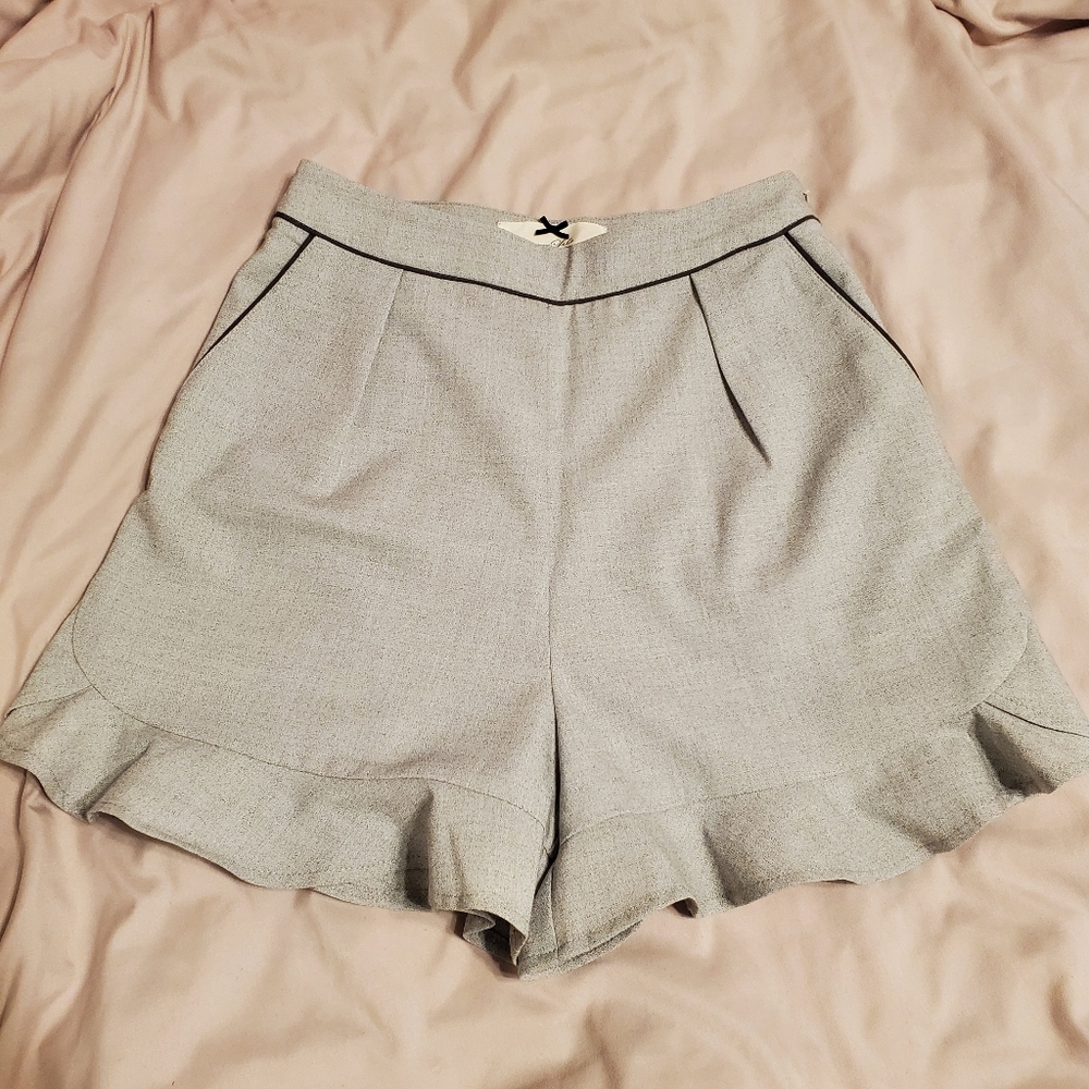 Gray High Waisted Dress Shorts with Ruffle Hem